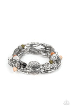 Load image into Gallery viewer, Western Quest - Multi-Color - Paparazzi - Infused with hints of black, Olive Branch, Adobe, and Soybean accents, a mismatched collection of silver beads, textured silver accents, and floral and sunburst embossed beads are threaded along stretchy bands around the wrist for a whimsically layered look.
