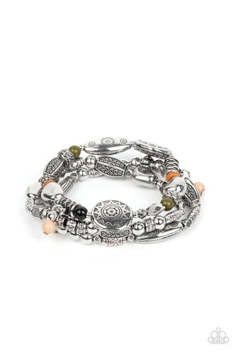 Western Quest - Multi-Color - Paparazzi - Infused with hints of black, Olive Branch, Adobe, and Soybean accents, a mismatched collection of silver beads, textured silver accents, and floral and sunburst embossed beads are threaded along stretchy bands around the wrist for a whimsically layered look.