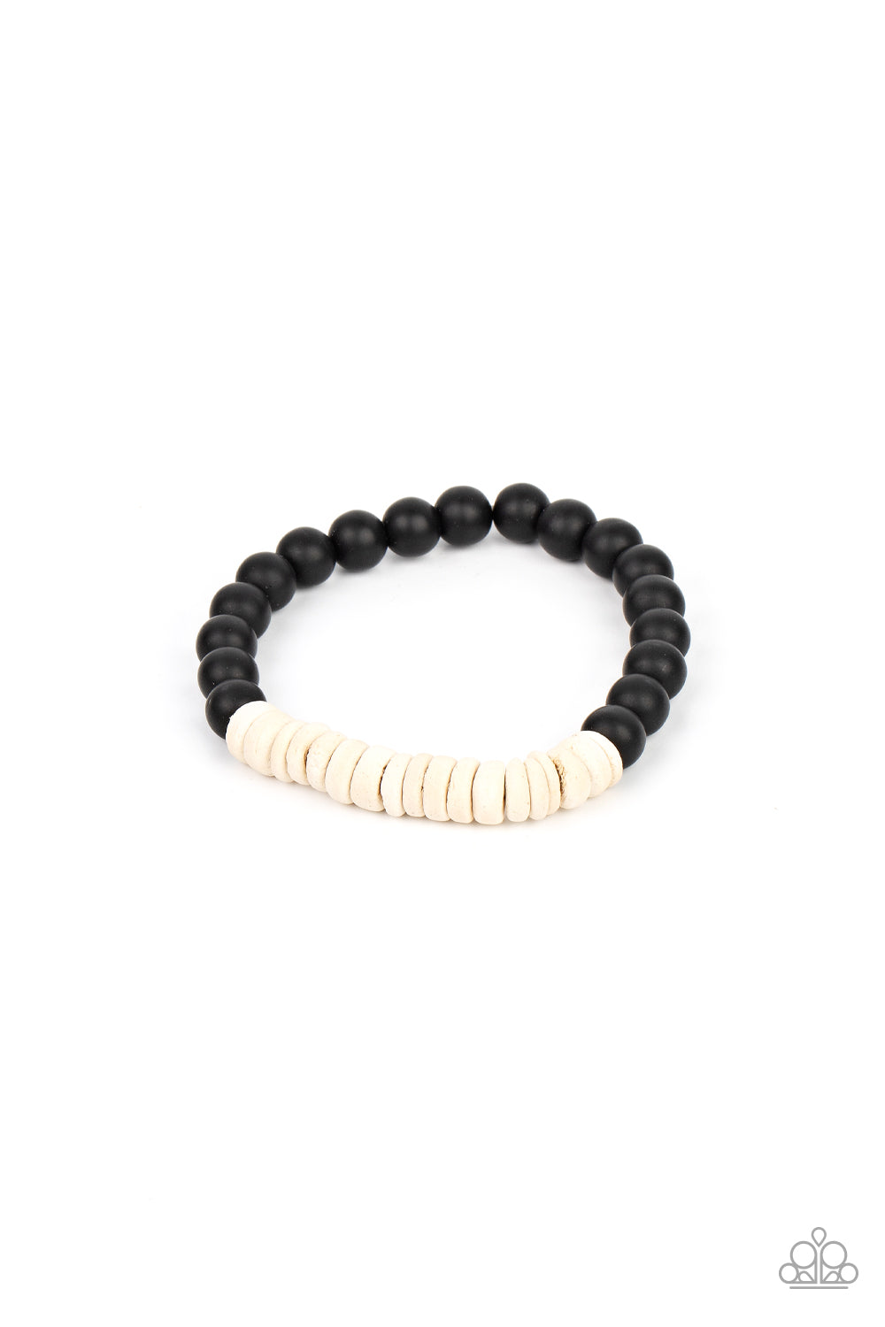 Paparazzi -  Recreational Remedy - White - White wooden discs and smooth black stone beads are threaded along stretchy bands around the wrist, resulting in an earthy combo.