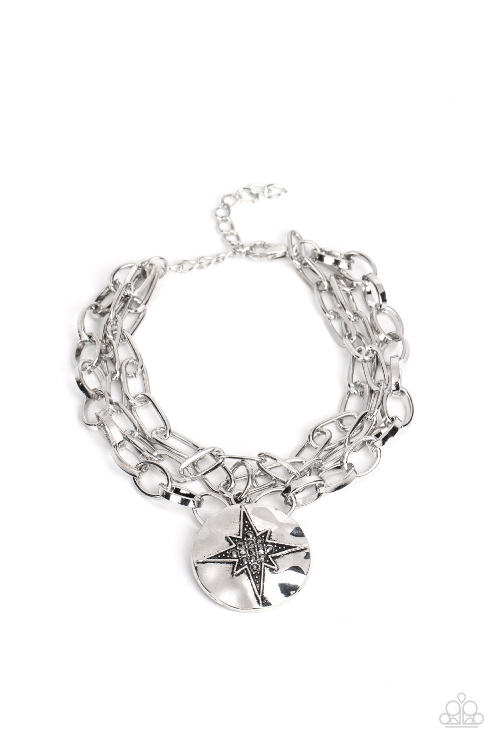 Paparazzi - True North Twinkle - Silver - Dotted with dainty hematite rhinestones, a twinkly star sparkles across the front of a hammered silver disc that delicately swings from layered silver chains around the wrist for a stellar style.