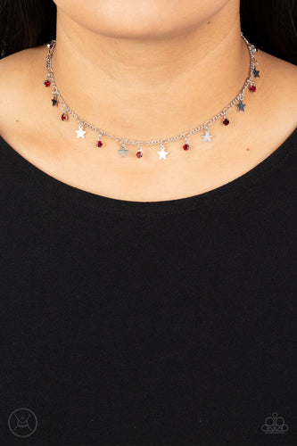 Little Lady Liberty Star Choker - Paparazzi - Dainty red rhinestones and flat silver stars twinkle along a classic silver chain around the neck, resulting in a stellar fringe.