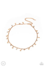 Load image into Gallery viewer, Little Lady Liberty - Gold Star Choker - Paparazzi - Dainty white rhinestones and flat gold stars twinkle along a classic gold chain around the neck, resulting in a stellar fringe.
