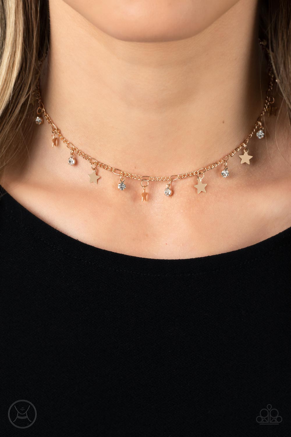 Little Lady Liberty - Gold Star Choker - Paparazzi - Dainty white rhinestones and flat gold stars twinkle along a classic gold chain around the neck, resulting in a stellar fringe.