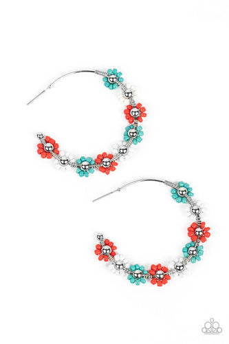 Paparazzi - Growth Spurt - Red -  Adorned with shiny silver beaded centers, a dainty collection of white, turquoise, and red Branch seed beaded rings create earthy flower accents along a classic silver hoop for a grounding floral display.
