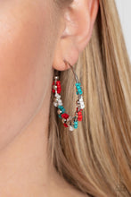 Load image into Gallery viewer, Paparazzi - Growth Spurt - Red - Adorned with shiny silver beaded centers, a dainty collection of white, turquoise, and red Branch seed beaded rings create earthy flower accents along a classic silver hoop for a grounding floral display.
