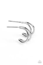 Load image into Gallery viewer, Paparazzi - Charming Crescents - Silver - Two sleek silver bars curve into a pair of dainty double hoops, creating an effortlessly layered look.
