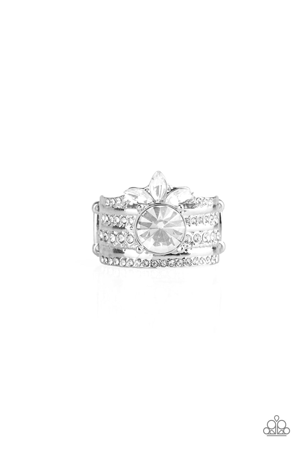 Varying in size, rows of dainty white rhinestones are encrusted along a thick silver band. Round and marquise rhinestones are pressed into the band, creating a refined centerpiece. Features a stretchy band for a flexible fit.