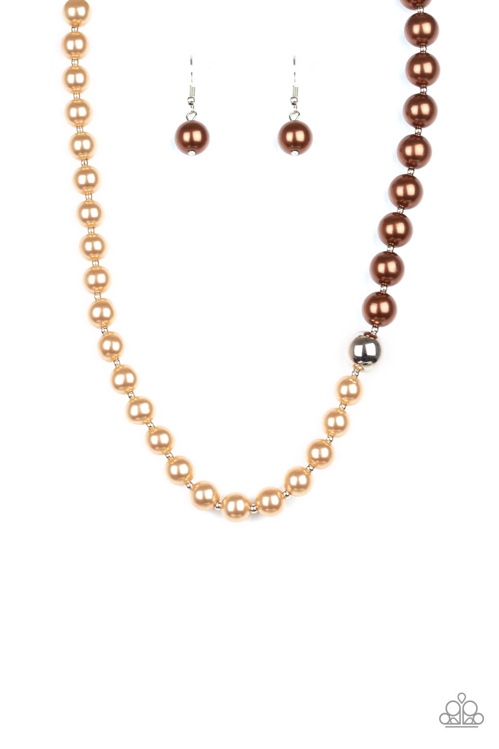 all dressed uptown brown paparazzi Ornamental Outfit - Brown Pearl UV Silver Bead Stretchy Bracelet main image 1