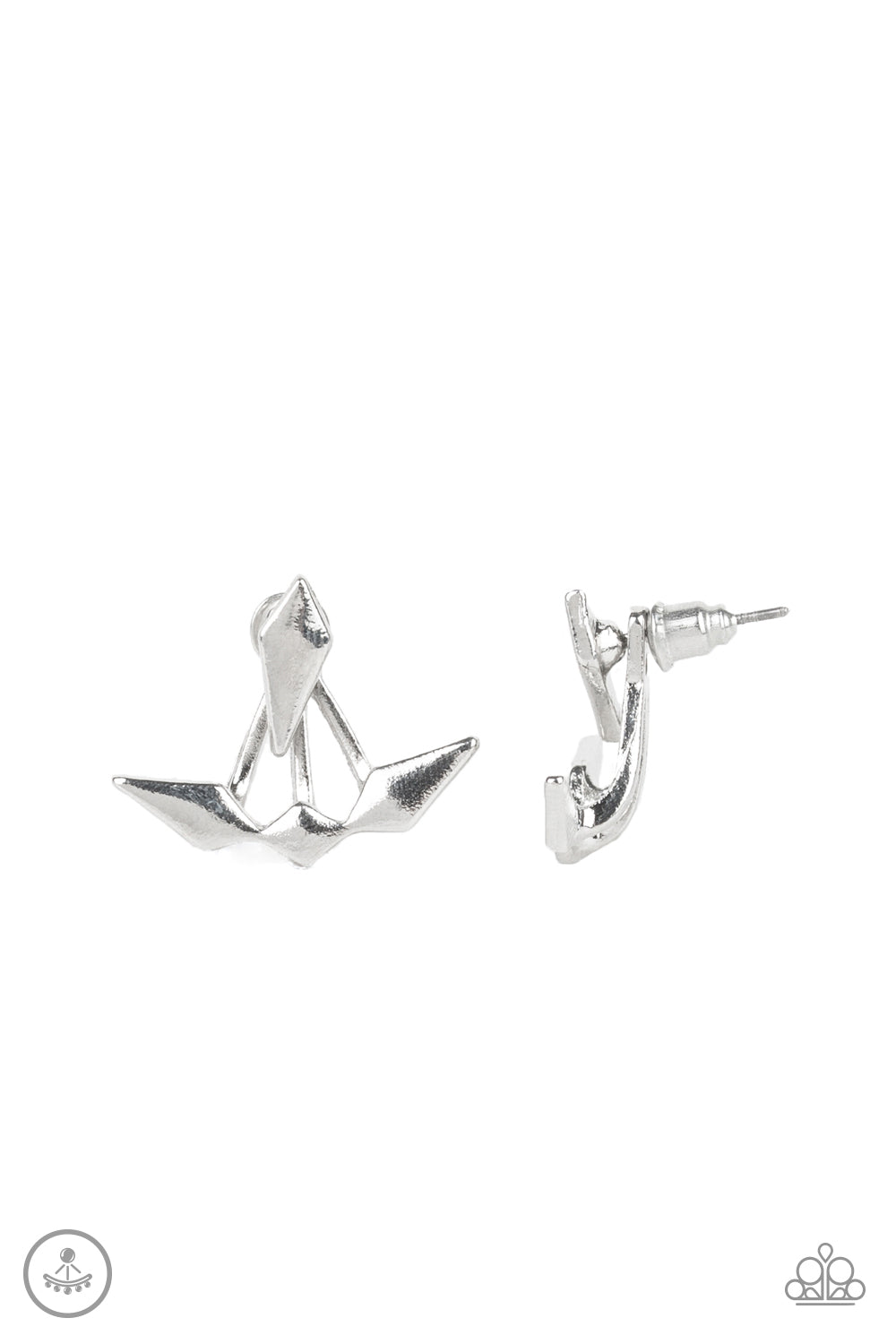 A solitaire silver kite-shaped frame attaches to a double-sided post, designed to fasten behind the ear. Infused with matching kite-shaped frames, the double sided-post peeks out beneath the ear for an edgy look. Earring attaches to a standard post fitting.  Sold as one pair of jacket earrings.