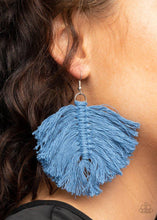 Load image into Gallery viewer, Rustic blue threaded tassels knot into a leaf-shaped frame, creating a colorful macramé inspired fringe. Earring attaches to a standard fishhook fitting.
