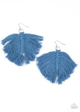 Load image into Gallery viewer, Rustic blue threaded tassels knot into a leaf-shaped frame, creating a colorful macramé inspired fringe. Earring attaches to a standard fishhook fitting.
