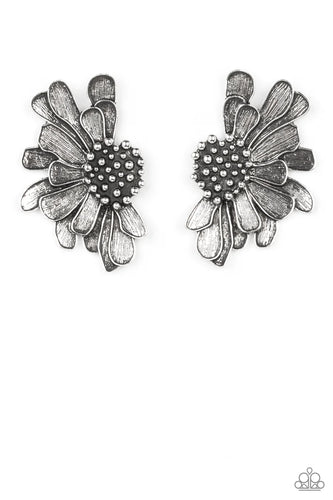 Farmstead Meadow - Silver - Imperfect silver petals bloom from a studded center, layering into a rustic half blossom for a whimsical flair. Earring attaches to a standard post fitting. - Paparazzi Accessories