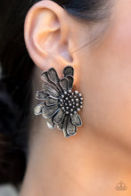 Load image into Gallery viewer, Farmstead Meadow - Silver - Imperfect silver petals bloom from a studded center, layering into a rustic half blossom for a whimsical flair. Earring attaches to a standard post fitting. - Paparazzi Accessories
