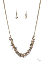 Load image into Gallery viewer, Paparazzi - Let There Be TWILIGHT &amp; Twinkly Twilight - Brass 2-Piece SET - Necklace: Let There Be TWILIGHT - Brass - Dainty brassy tone-on-tone iridescent beads swing from doubled brass chains, creating a clustered fringe below the collar. Features an adjustable clasp closure. Includes a pair of matching earring

