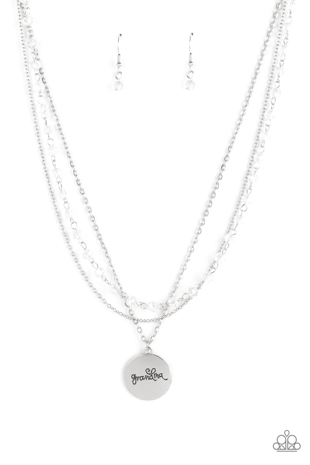 Promoted to Grandma - White - Paparazzi - Infused with a strand of iridescent crystal-like beads, two dainty rows of mismatched silver chains delicately layer below the collar. Stamped in the word, 