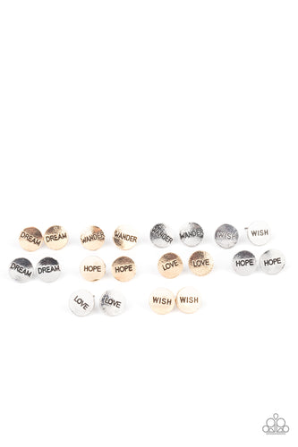 Ten pairs of earrings in gold and silver.  Stamped with inspirational words, 