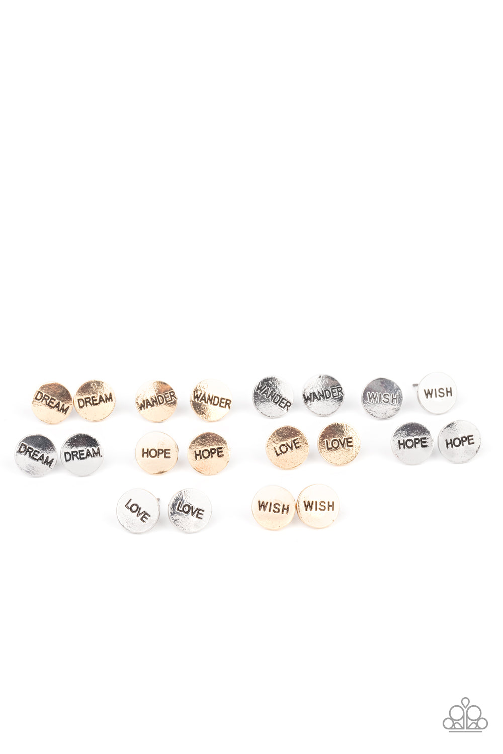 Ten pairs of earrings in gold and silver.  Stamped with inspirational words, 