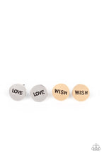 Load image into Gallery viewer, Ten pairs of earrings in gold and silver.  Stamped with inspirational words, &quot;Dream,&quot; &quot;Wander,&quot; &quot;Wish,&quot; &quot;Hope,&quot; and &quot;Love.&quot; Earrings attach to standard post fittings.  Sold as a pack of 10 pairs of studs for $10.
