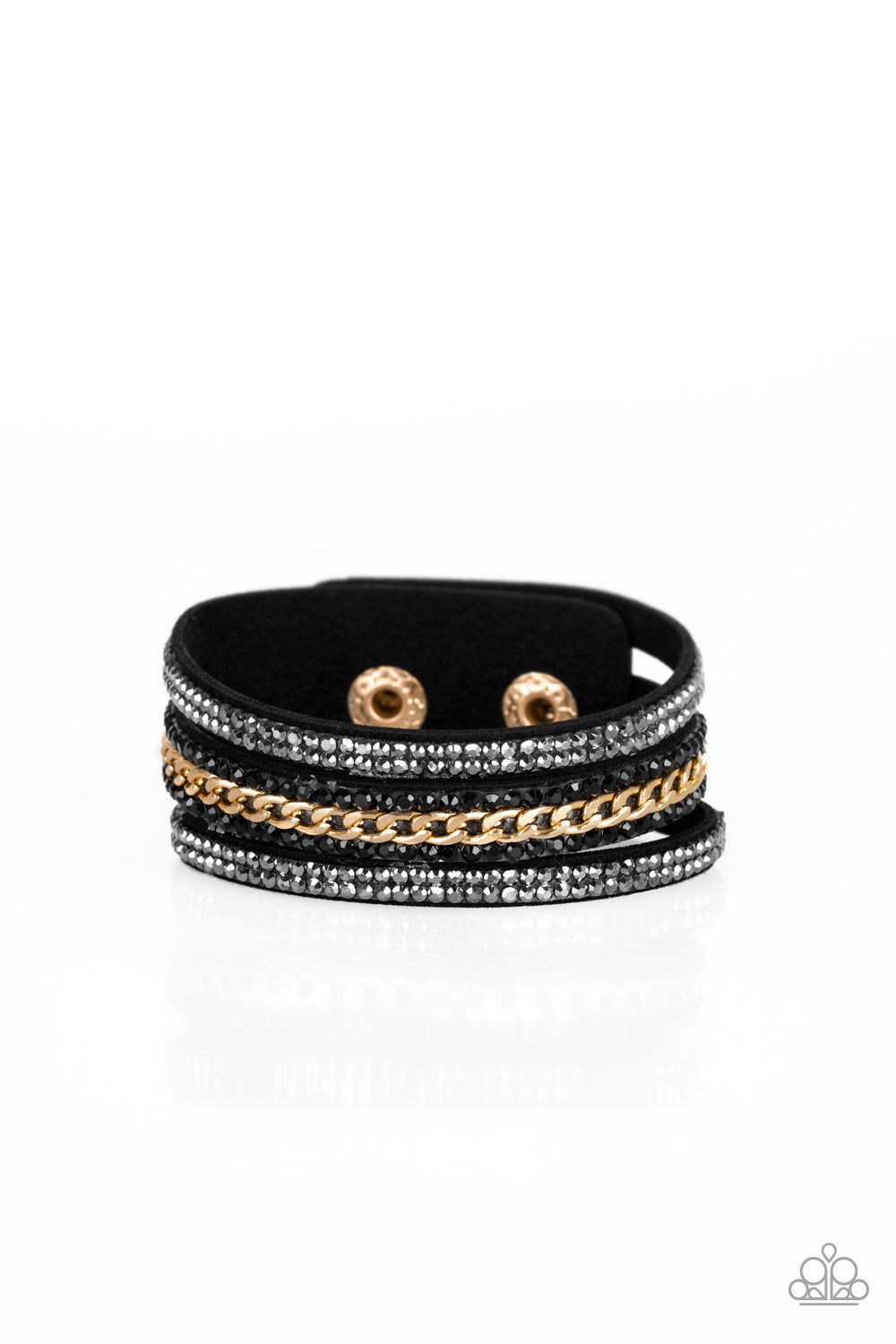 Rows of glassy hematite and black rhinestones and a shimmery gold chain are encrusted along black suede bands for a sassy look. Features an adjustable snap closure.
