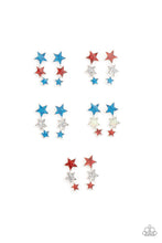 Load image into Gallery viewer, Let freedom ring with these red, white and blue iridescent stars. Earrings attach to standard post-back fittings.  SOLD AS A PACK PAIRS OF ASSORTED EARRINGS OF 5 FOR $5 (One of each style pictured)!

