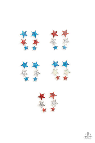Let freedom ring with these red, white and blue iridescent stars. Earrings attach to standard post-back fittings.  SOLD AS A PACK PAIRS OF ASSORTED EARRINGS OF 5 FOR $5 (One of each style pictured)!