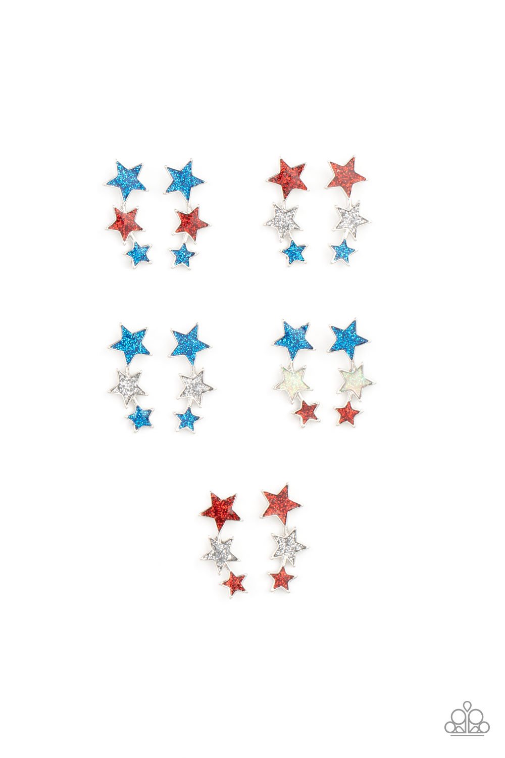 Let freedom ring with these red, white and blue iridescent stars. Earrings attach to standard post-back fittings.  SOLD AS A PACK PAIRS OF ASSORTED EARRINGS OF 5 FOR $5 (One of each style pictured)!